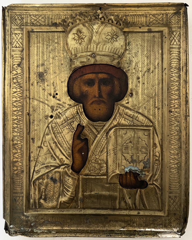 Икона святой Николай Чудотворец Зимний оклад штихель 19 век