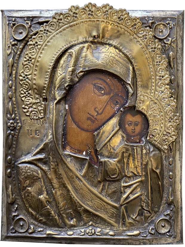 Старинная икона Казанская Богородица в латунном окладе с красивым венцом 19 век