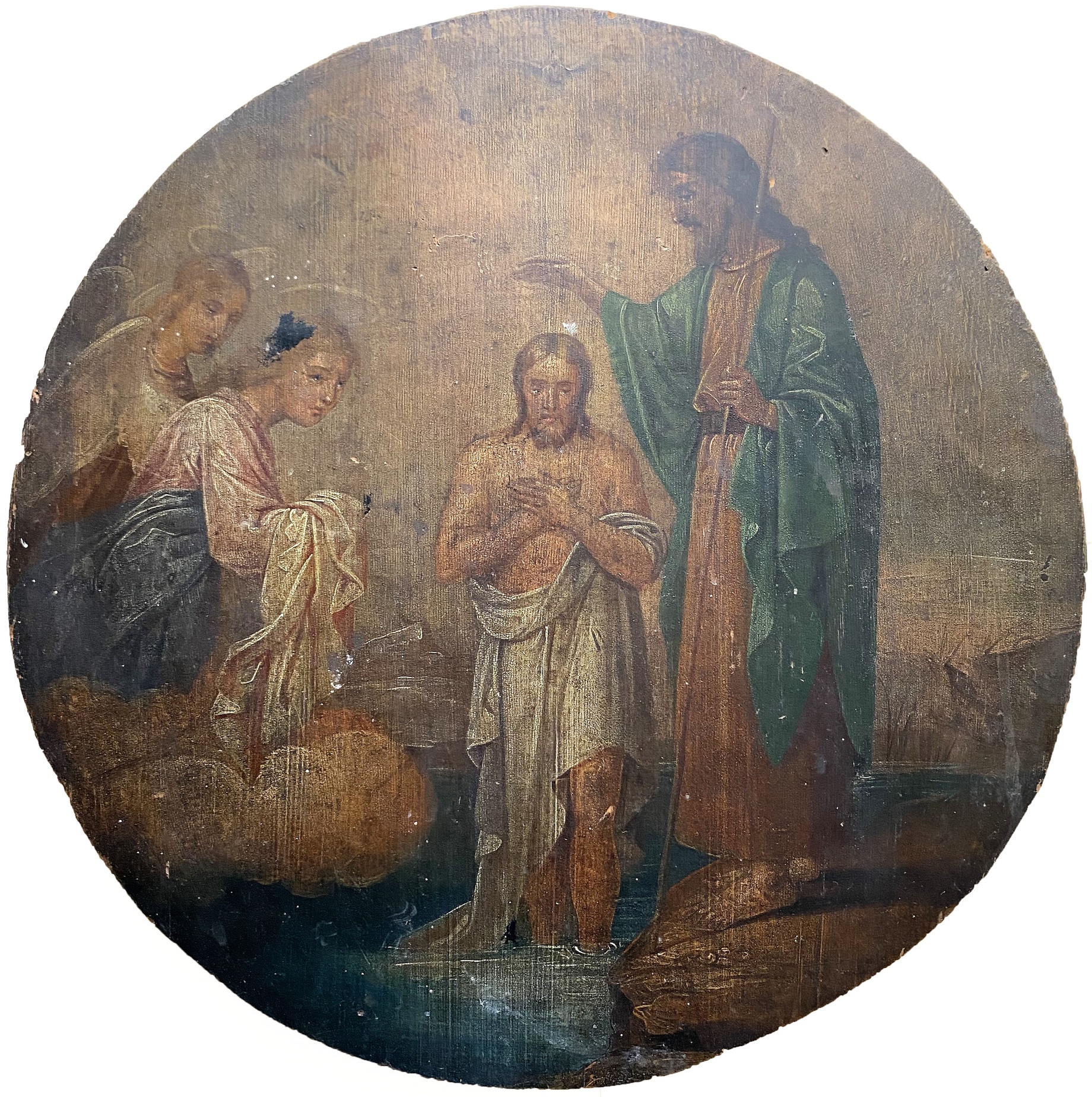 Икона тондо Крещение Господне под родной олифой круглая 19 век