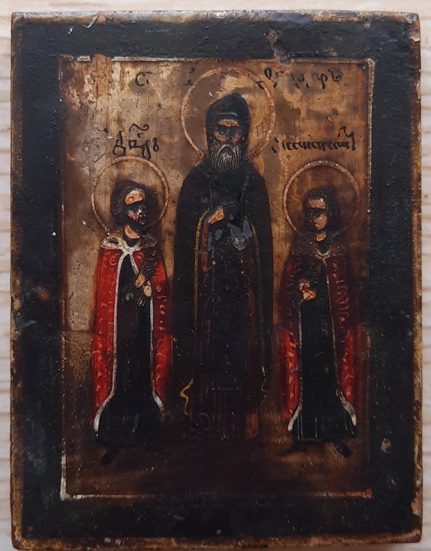 Антикварная икона мини Редкий Сюжет Святой Феодор и Чада его Константин и Давид 19 век