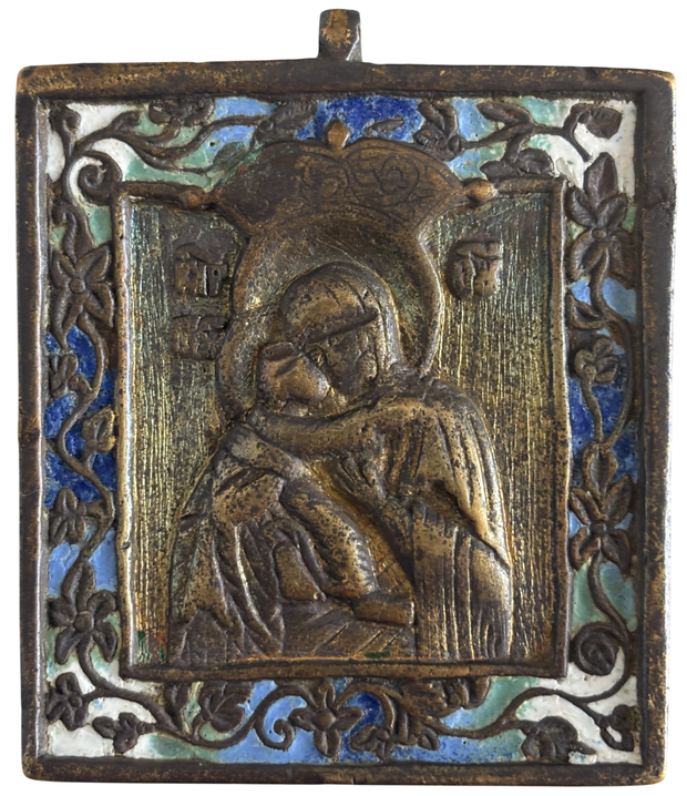 Икона литая Волоколамская Богородица 19 век эмали