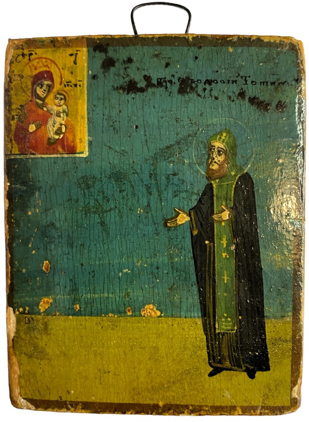 Икона святой Феодосий Тотемский в молении Богородице Тихвинской мини 19 век
