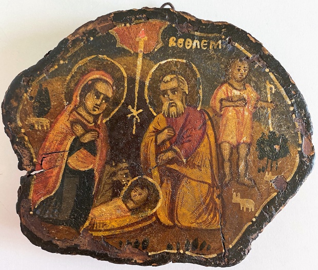Икона на спиле оливы Рождество Христово паломническая реликвия 19 век