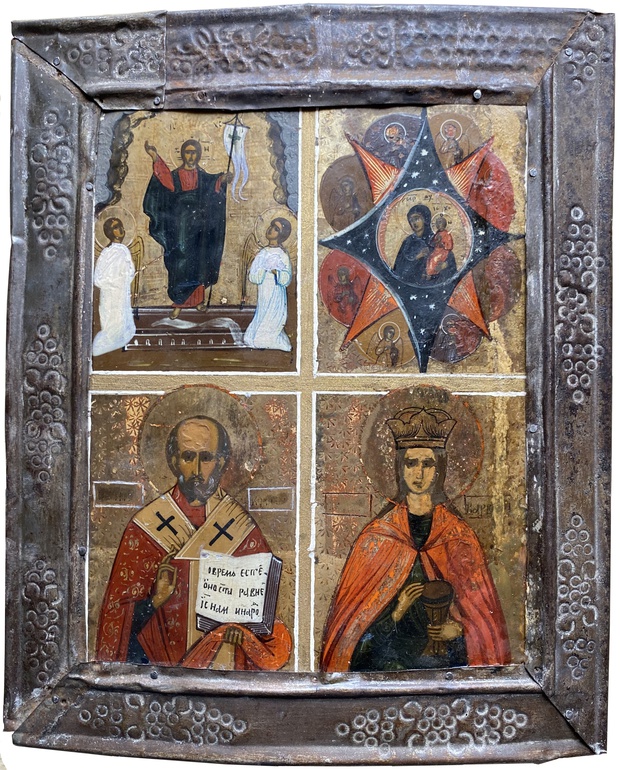 Антикварная икона четырехчастная Николай Варвара Купина Воскресение 19 век