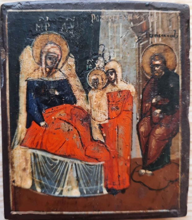 Антикварная икона мини Рождество Пресвятой Богородицы Русский Серер 19 век