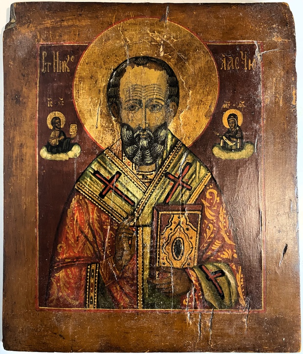 Икона святой Николай Чудотворец краснофонный 19 век