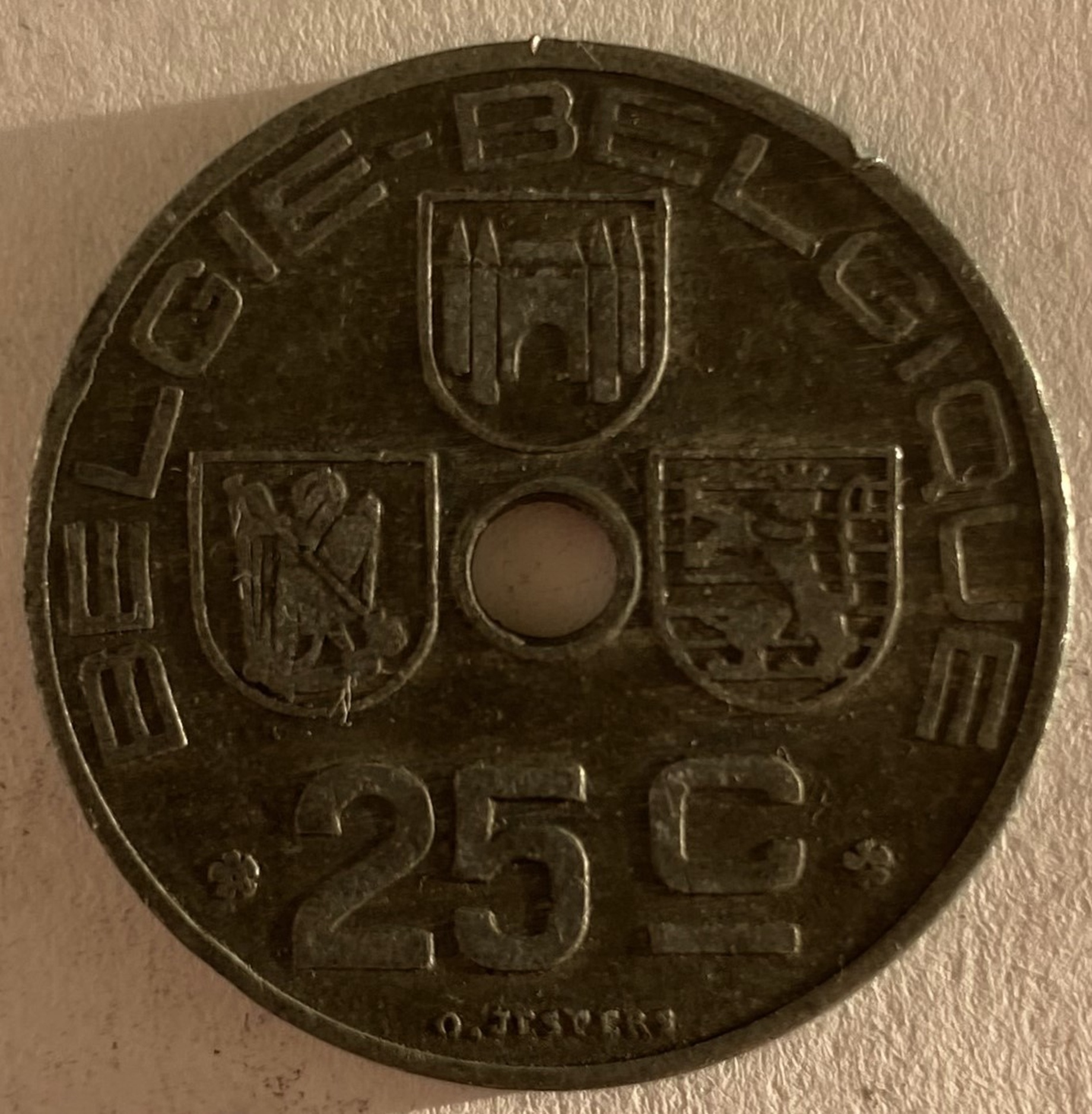 Иностранная монета 25 сантимов 1944 года Бельгия