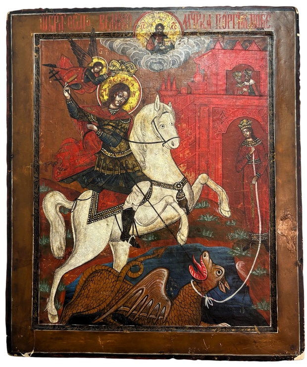 Антикварная Икона Святой Великомученик Георгий Победоносец на красном фоне 19 век