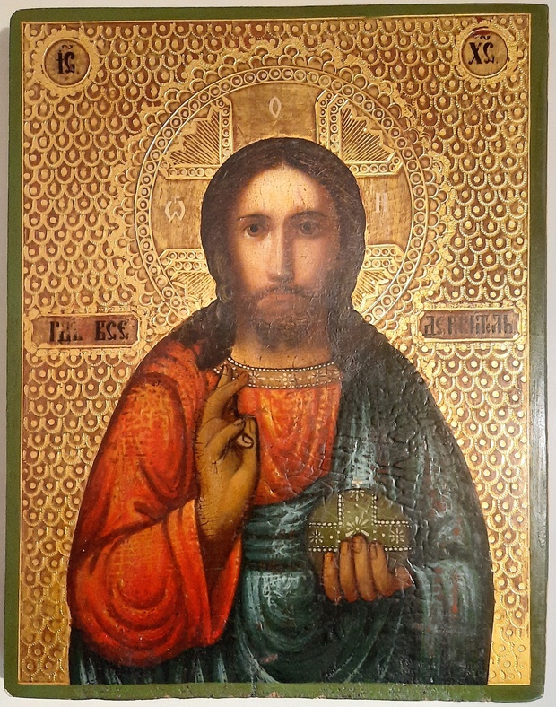 Антикварная Старинная икона Иисус Христос Господь Вседержитель 19 век масло сусальное золото