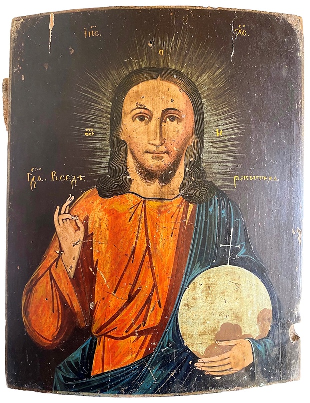 Антикварная Старинная Икона Иисус Христос Господь Вседержитель ранний Холуй 19 век