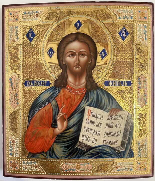 Антикварная Старинная икона Иисус Христос Господь Вседержитель 19 век сусальное золото эмали