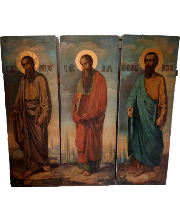 Антикварная Храмовая Икона Триптих "Правая Рука" иконостаса Апостол Павел и 2 Иакова 19 век!