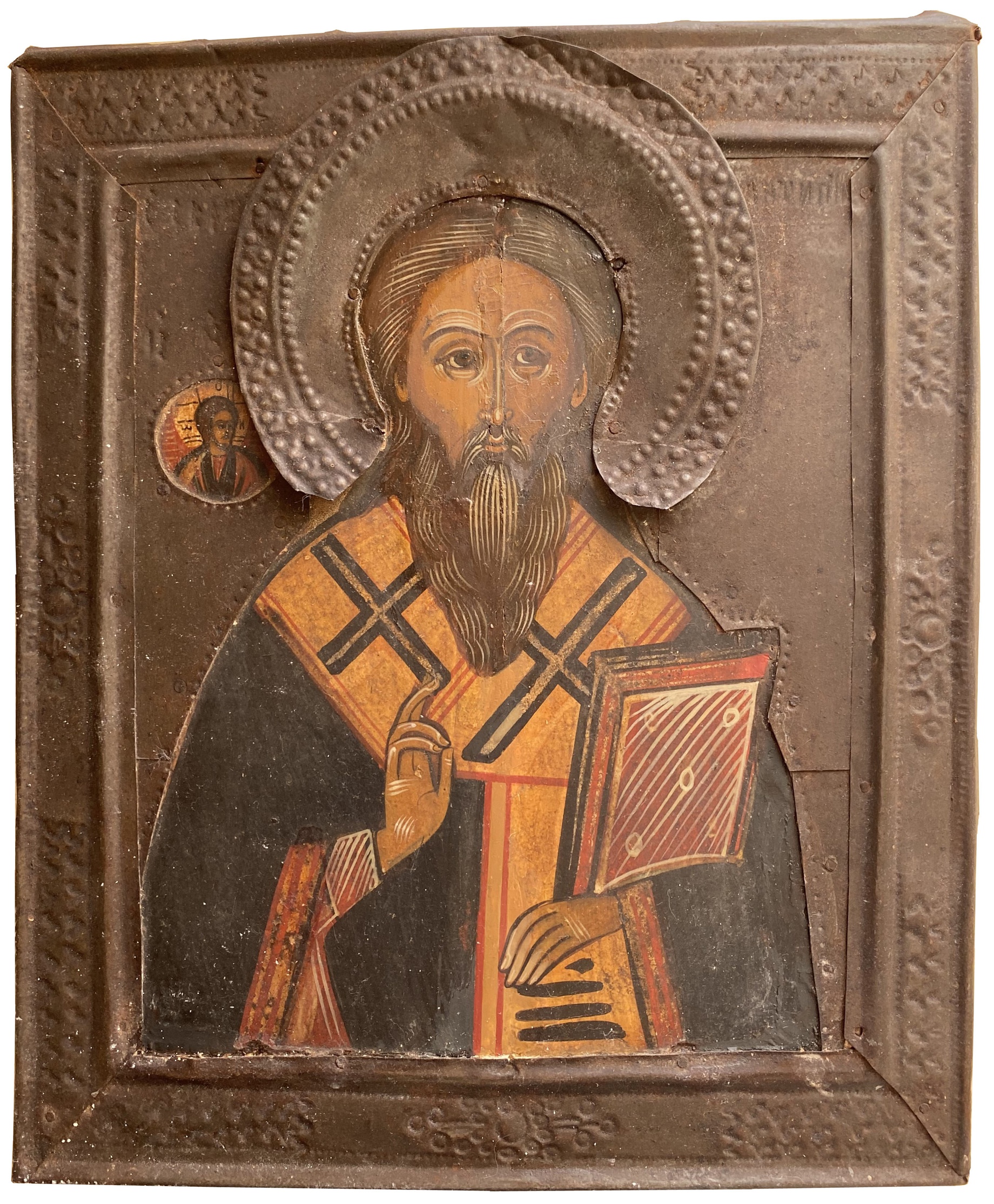 Антикварная старинная икона Святой Антипа Пергамский Епископ 19 век в басмяном окладе Сертификат