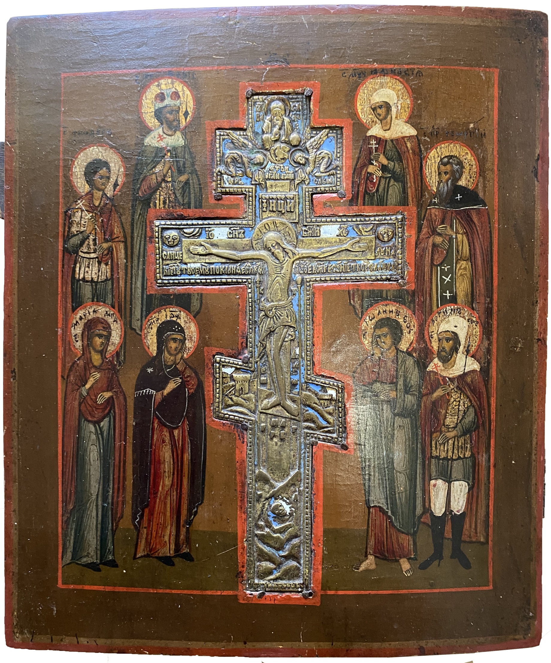 Икона Ставротека Распятие Христово с врезным крестом и избранными святыми 19 век