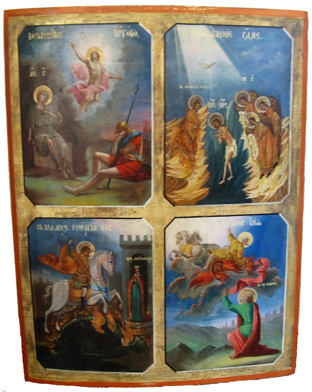 Антикварная Храмовая Икона Георгий Победоносец Богоявление Воскресение Христово ! Север 18 век