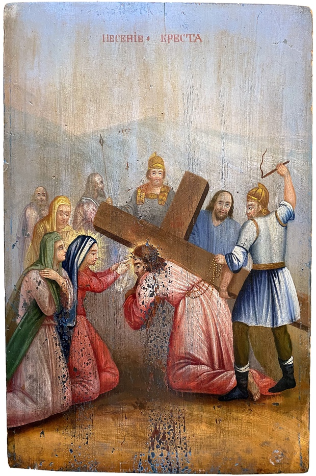 Антикварная старинная икона Несение Креста форматная 19 век