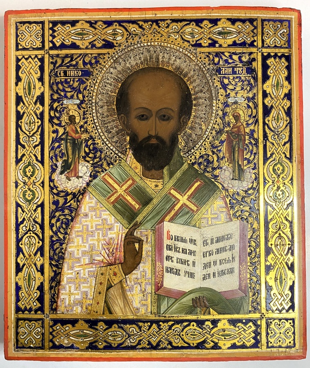 Антикварная икона святой Николай Чудотворец Палех 19 век