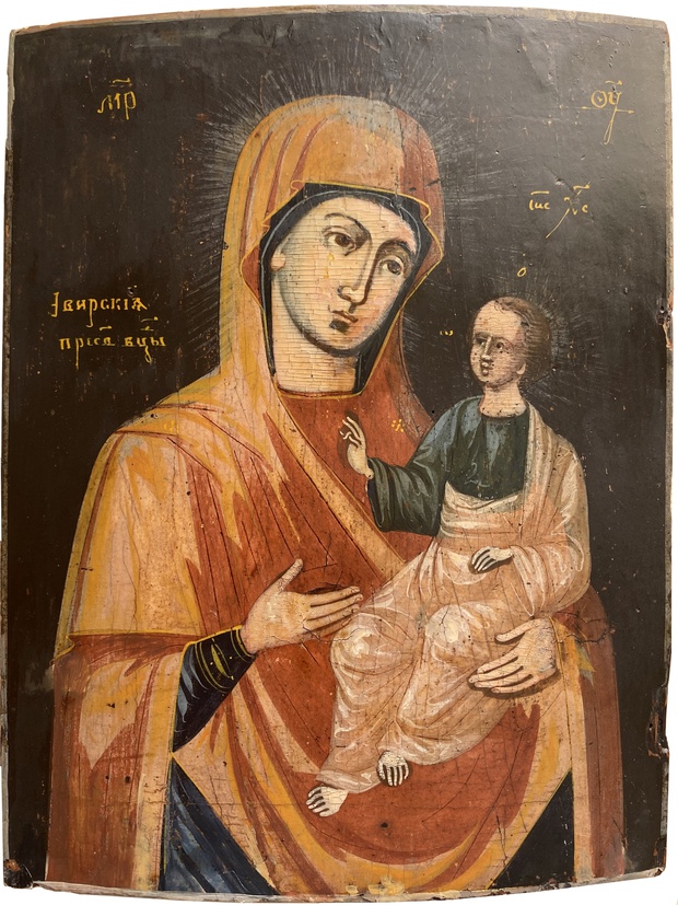 Антикварная Икона Иверская Пресвятая Богородица 19 век Ранний Холуй Серификат Подлинности