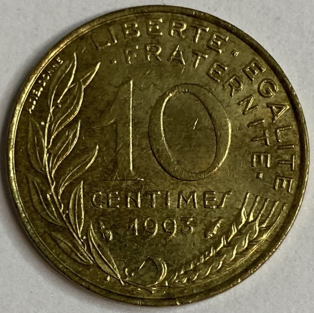 Иностранная монета 10 сантимов Франция 1993 год