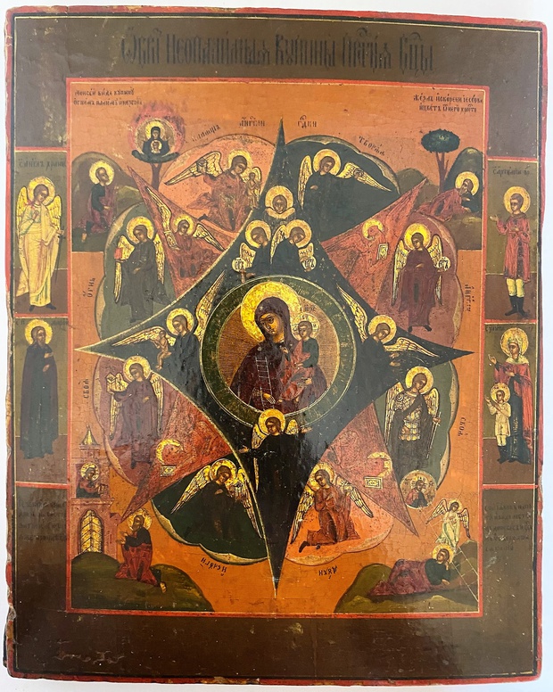 Икона Неопалимая купина с палеосными святыми ангелом хранителем покровителями детей 19 век