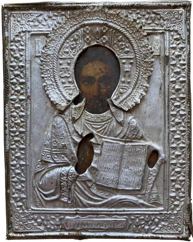 Антикварная икона Иисус Христос Господь Вседержитель в окладе 19 в Сертификат Подлинности Экспертиза
