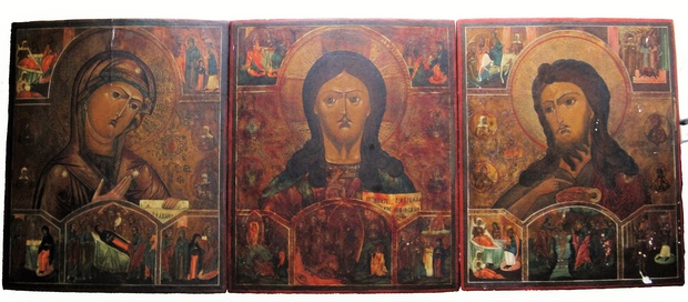 Антикварная Икона Триптих Иоанн Предтеча Богородица Иисус Христос Господь Деисусный Чин Деисус