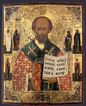 Икона святой Николай Чудотворец по золоту с приписными святыми 19 век