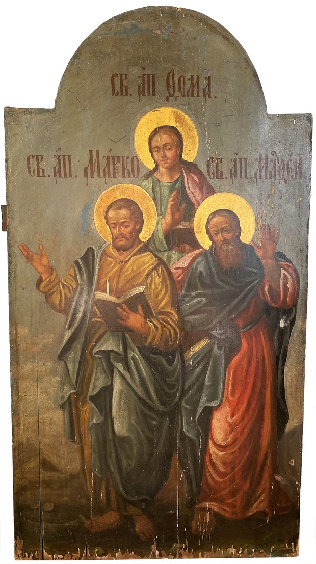Старинная храмовая икона святые апостолы Фома Марк и Матвей 19 век