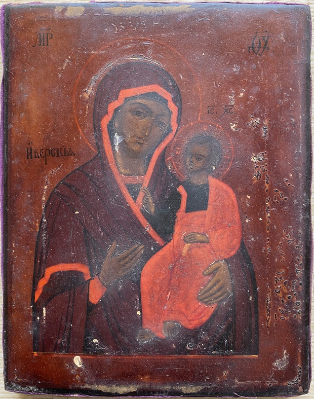 Антикварная Икона Иверская Пресвятая Богородица 19 век под родной Олифой