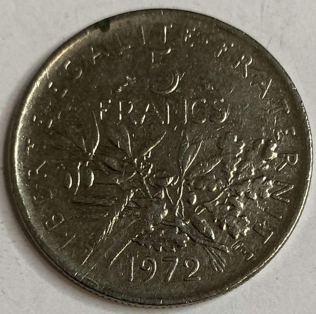 Иностранная монета 5 франков Франция 1972 год