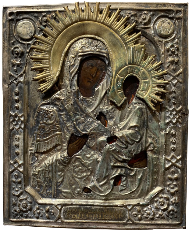 Старинная икона Тихвинская Пресвятая Богородица в латунном окладе 19 век Сертификат Подлинности