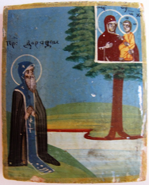 Икона мини Явление Пресвятой Богородицы преподобному Дорофею 19 век