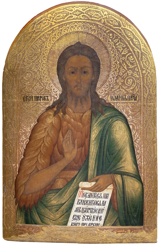 Антикварная Храмовая икона Святой Пророк Иоанн Предтеча Мстера 19 век сусальное золото