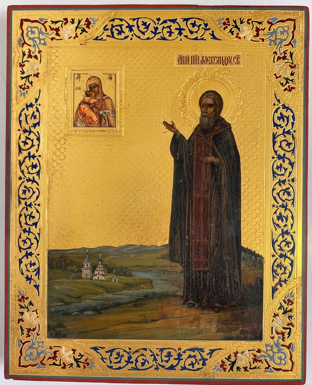 Старинная икона святой Александр Свирский 19 век