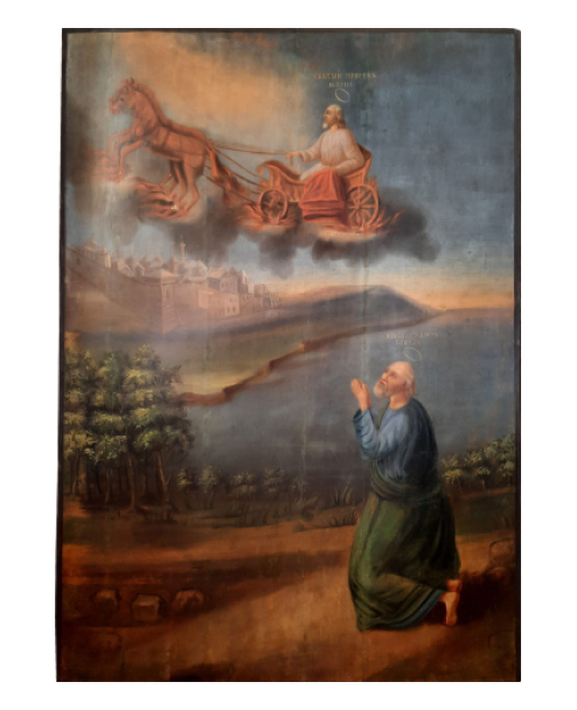Антикварная Храмовая Икона Огненное Восхождение Пророка Ильи на небо 19 век