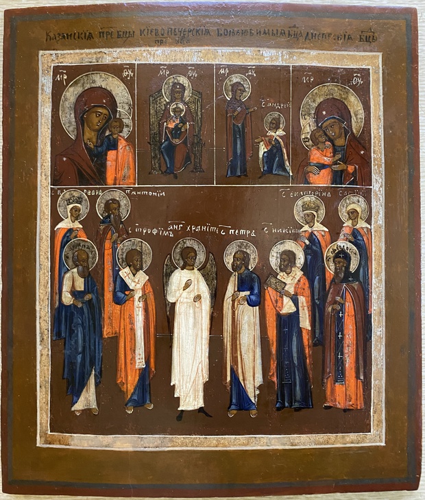 Антикварная старинная икона Многочастная четыре Богородицы избранные святые 19 век