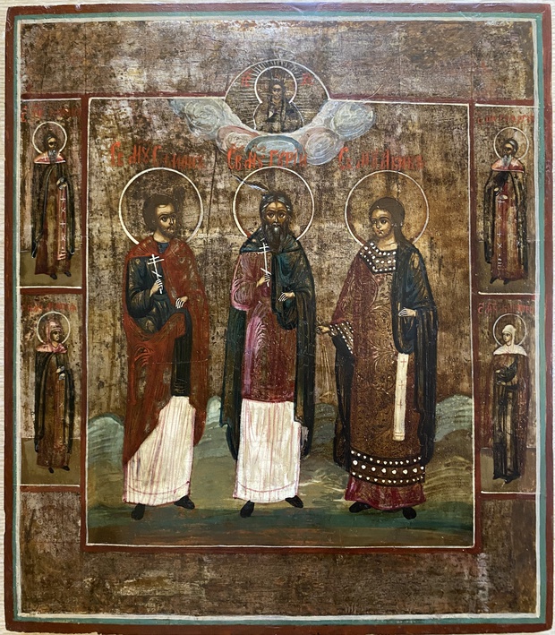Антикварная икона Гурий Самон и Авив с Палеосными Святыми 19 век