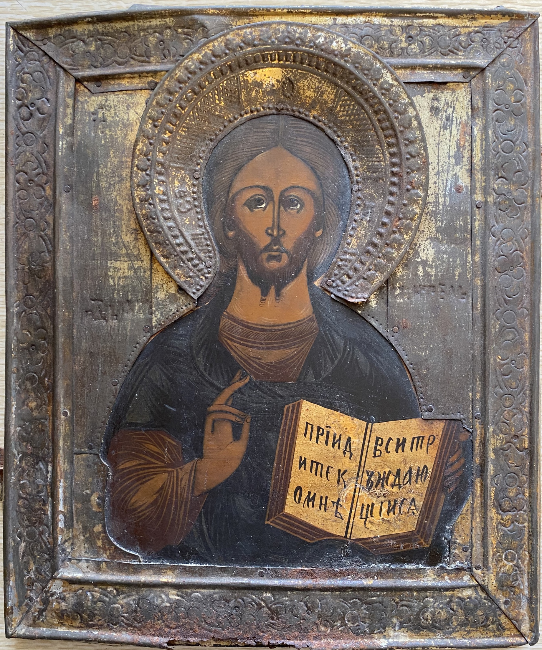 Антикварная Старинная икона Иисус Христос Господь Вседержитель 19 век Басма