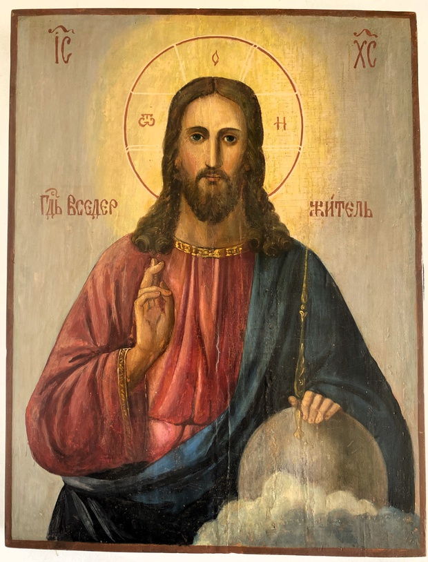 Антикварная форматная икона Иисус Христос Господь Вседержитель 19 век