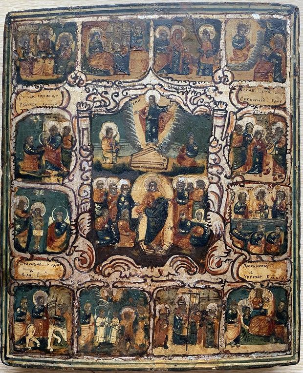 Антикварная старинная икона Воскресение Христово с Двунадесятыми праздниками 18 век Русский Север