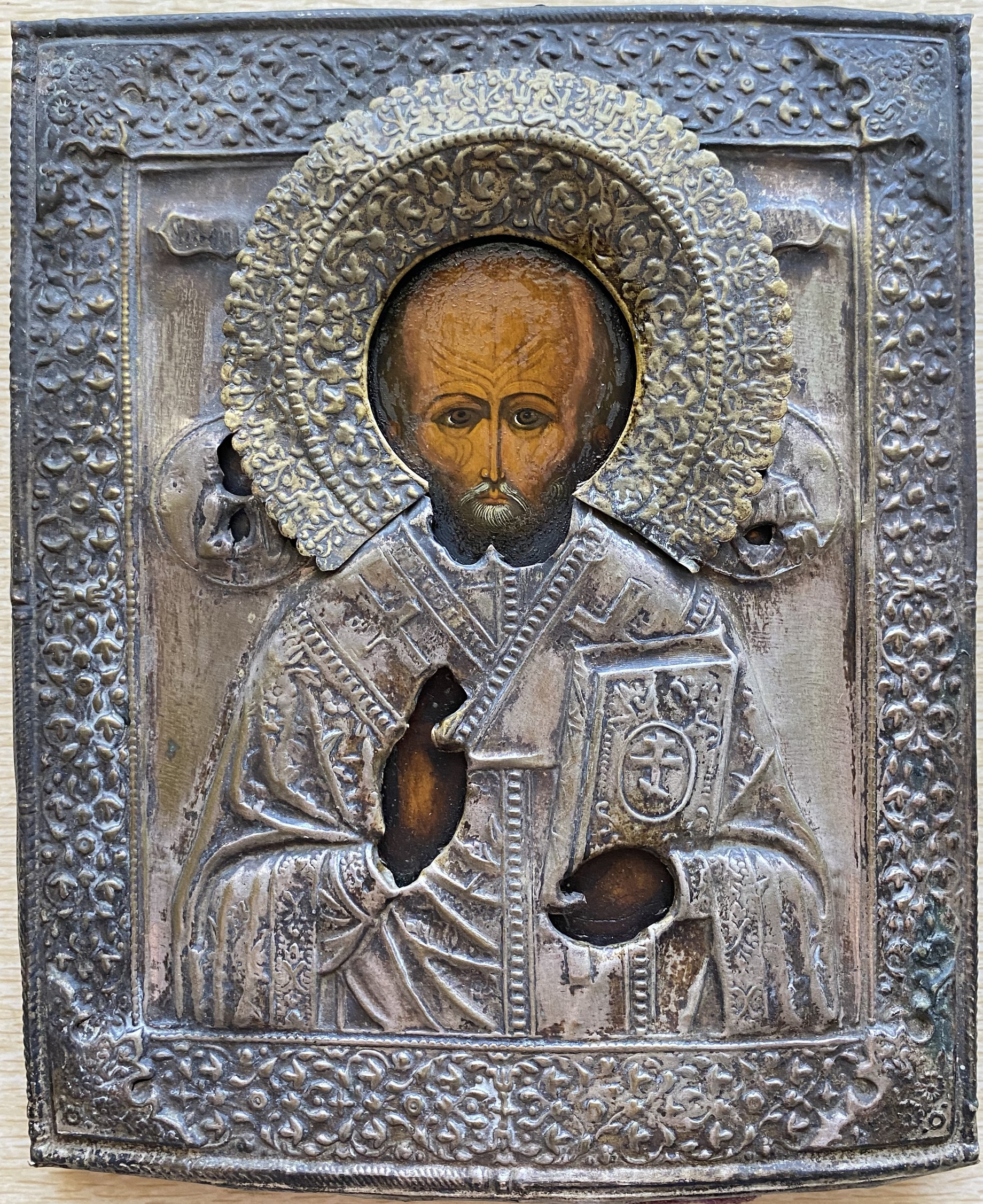 Антикварная Икона Святой Николай Чудотворец Святитель Никола Угодник Божий 19 век Оклад!