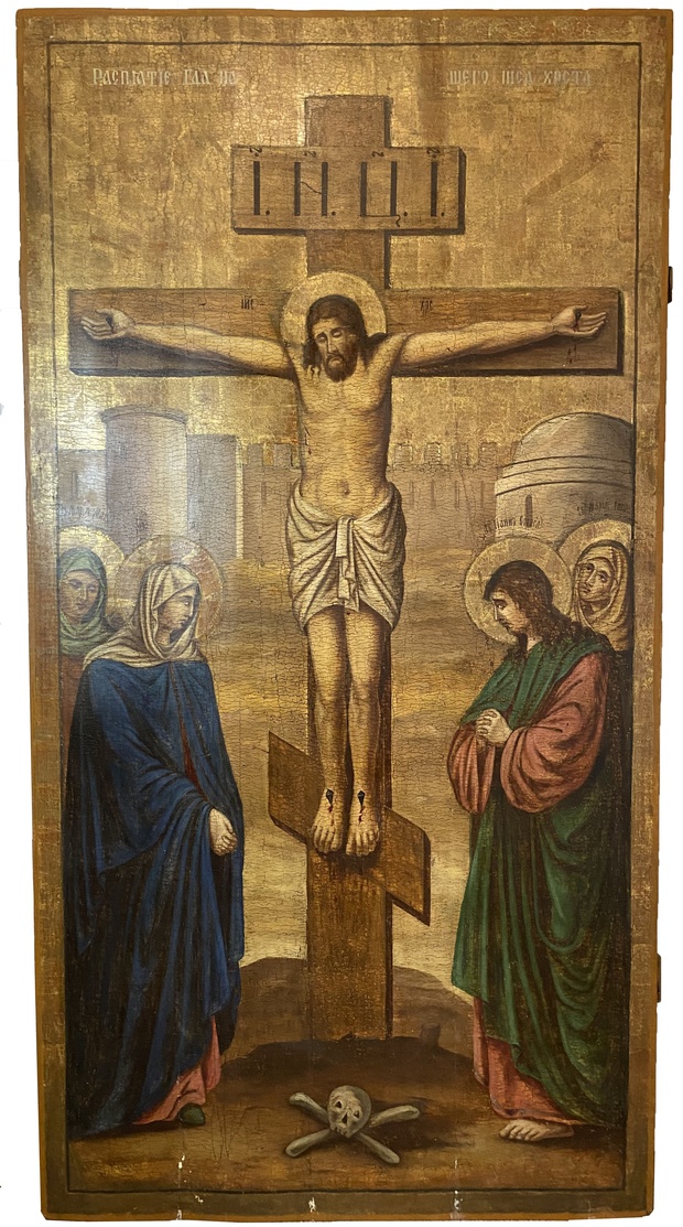 Антикварная Старинная Храмовая икона Распятие Господне Иисуса Христа Голгофа 18 век