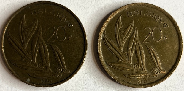 Иностранная монета 20 франков 1980 год Бельгия