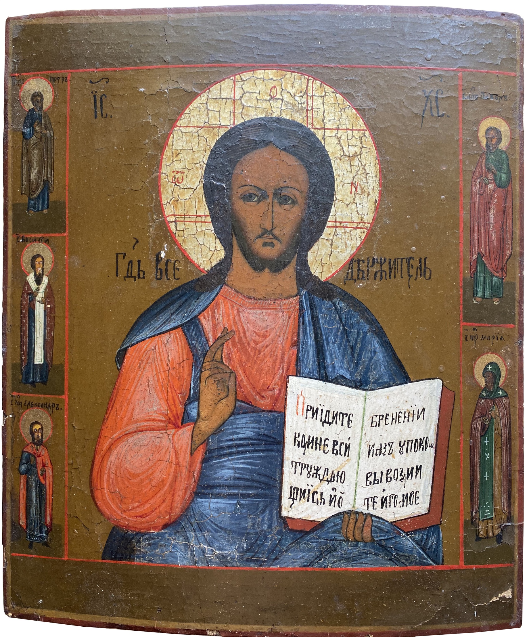 Антикварная Старинная Икона Иисус Христос Господь Вседержитель с палеосными святыми 19 век