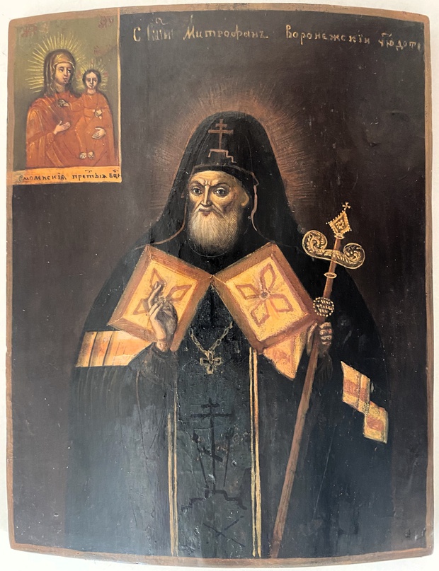 Икона святой Митрофан Воронежский старинная на кипарисовой доске 19 век