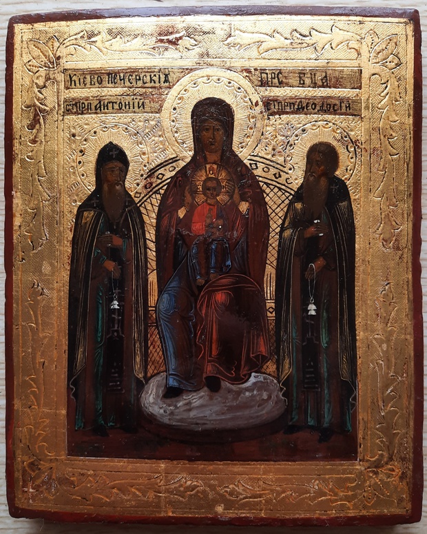 икона Пресвятая Богородица Киево Печерская с предстоящими Антонием и Феодосием 19 век