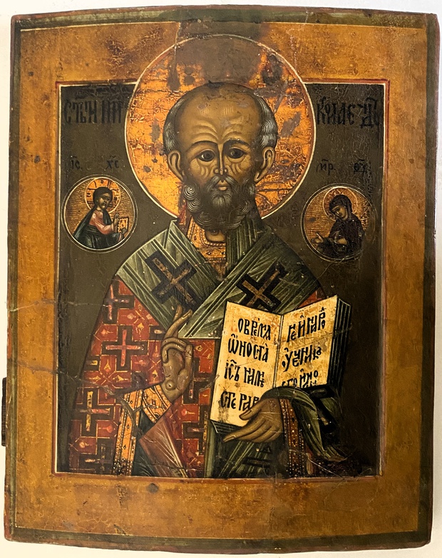 Антикварная икона святой Николай Чудотворец ковчег 19 век