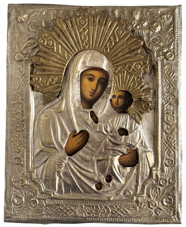 Икона Иверская Богородица латунный оклад 19 век