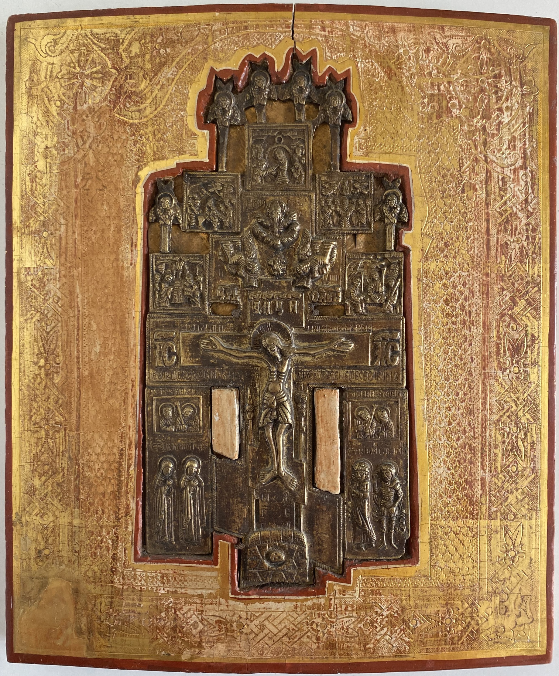 Икона ставротека распятие Христово сусальное золото 19 век