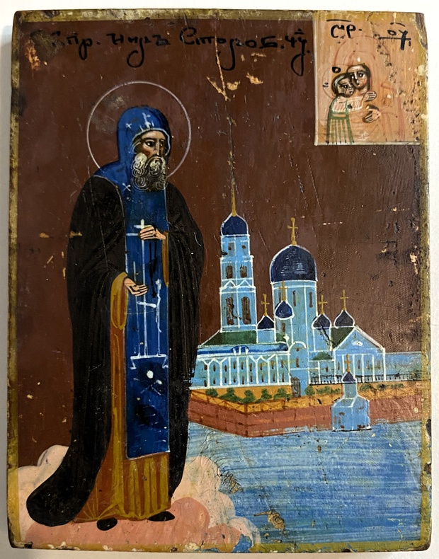 Икона мини святой Нил Столобенский на фоне обители 19 век